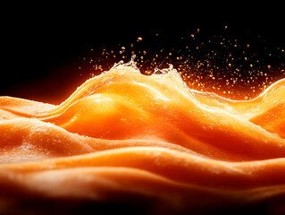 Close-up of vibrant orange waves of liquid, creating a stunning visual effect with splashes and textures.