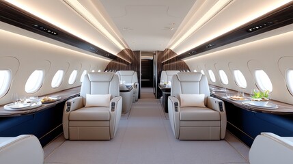 Fototapeta premium Luxurious interior of a private jet with comfortable seating.