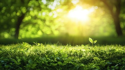 Fototapeta premium Lush Green Grass in a Sunny Forest Setting