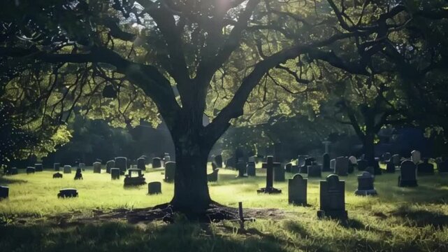 Fantastically mysterious cemetery with tombstones and terribly scary atmosphere, abstract vivid composition consists of fictional unreal fantastic vision on background