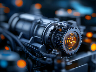 Fototapeta premium Close-up of a high-tech engine component with glowing elements, showcasing intricate details and advanced design.