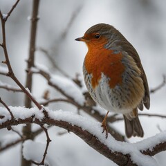 "A robin with its red breast puffed up on a white surface."