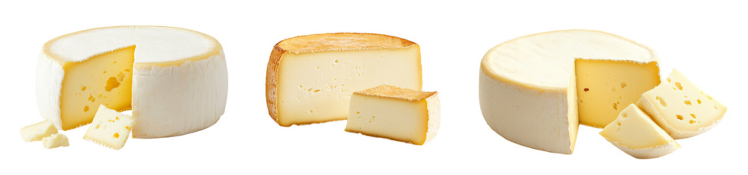 Set of Danish cheese wheel isolated on a white transparent background. Concept of dairy products and cheese varieties in food photography