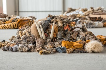 A large pile of animal pelts and ivory tusks, highlighting wildlife trafficking issues.