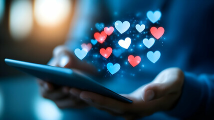 Digital interaction with colorful heart icons floating above a smartphone, symbolizing connection and emotion.