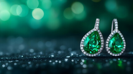 Elegant green gemstone earrings sparkling against a blurred backdrop of bokeh lights.