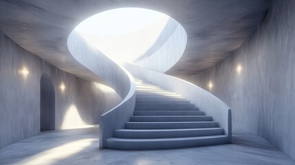 Obraz premium Modern concrete spiral staircase in minimalist interior with sunlight from above.