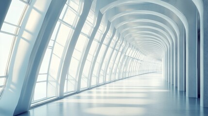 Fototapeta premium Modern architecture, curved corridor with large windows, bright sunlight.