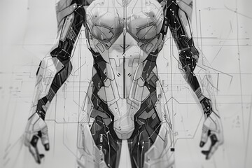 Futuristic humanoid robot design showcasing intricate mechanical details and advanced technology concepts.