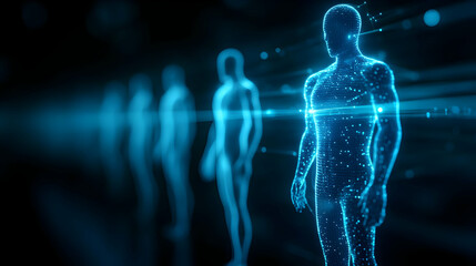 Futuristic digital human figures in a vibrant holographic environment, showcasing advanced technology and innovation.
