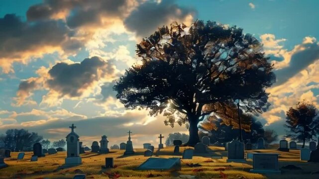 Fantastically mysterious cemetery with tombstones and terribly scary atmosphere, abstract vivid composition consists of fictional unreal fantastic vision on background