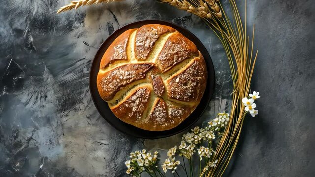 top view of a bread with wheat ears branch on rustic grungy background , idea for Shavuot advertising background