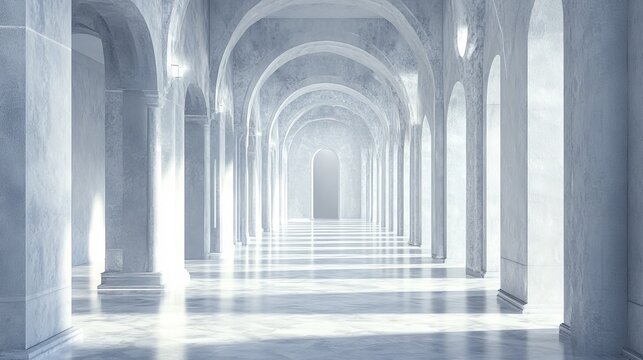 Light-filled marble hallway with arches and columns.