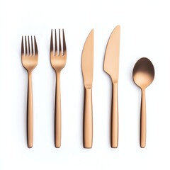 A set of elegant, copper-toned cutlery including forks, a knife, and a spoon, arranged neatly for dining.