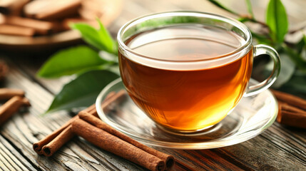 warm cup of tea with cinnamon sticks on rustic wooden table