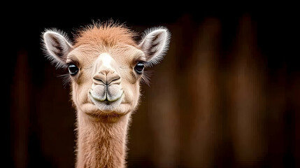 Fototapeta premium Adorable Bactrian Camel Portrait, Zoo Enclosure, Dark Background, Wildlife Photography, Advertisement.
