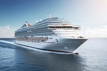 A large cruise ship sailing through calm waters under a clear sky.