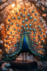majestic peacock feathers fanned out in a semicircle, each feather shimmering with iridescent colors