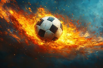 Naklejka premium Dramatic Soccer Ball in Action, Surrounded by Fire and Color