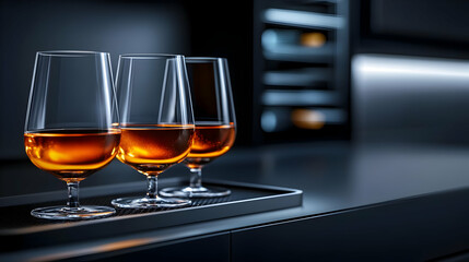 Three elegant glasses filled with dark amber liquid, showcasing a luxurious drink presentation.