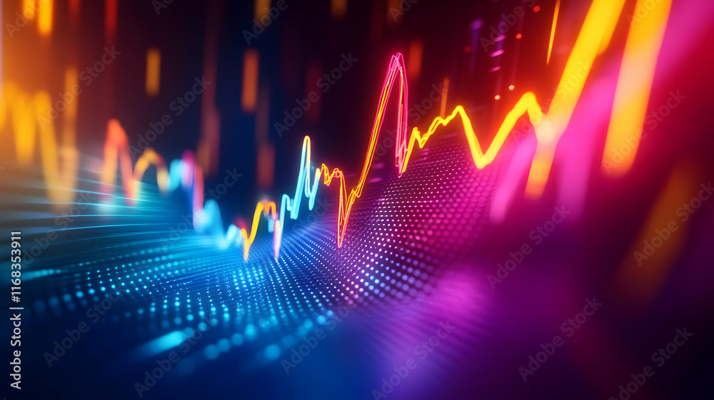 Poster vibrant abstract data visualization with colorful lines and graphs representing growth and analytics