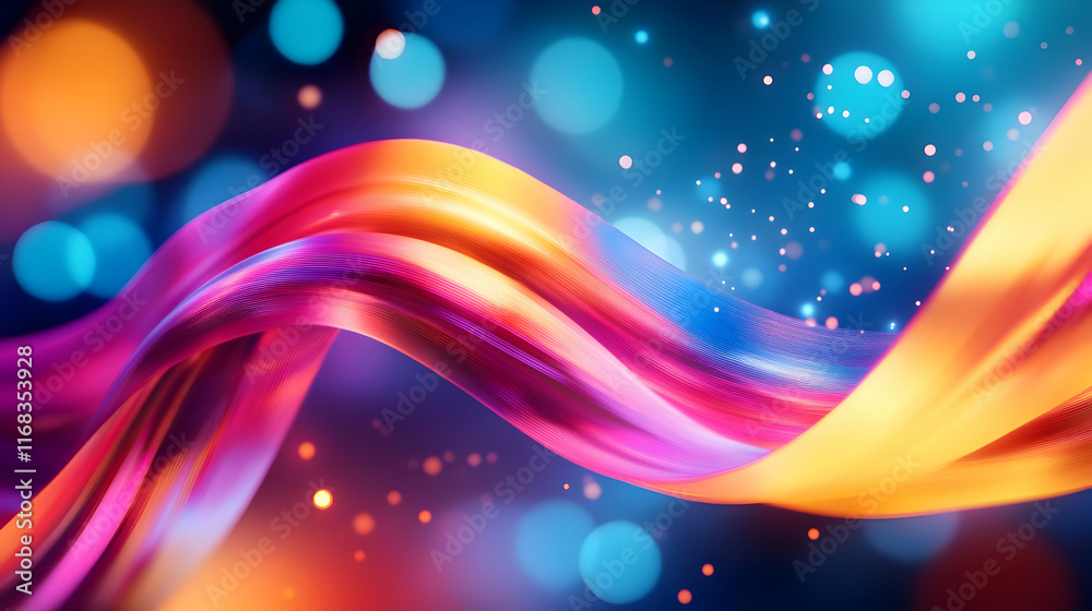 Poster vibrant abstract waves in bright colors creating a mesmerizing visual effect with blurred lights.