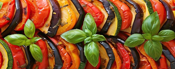 Food dish ratatouille with sliced peppers, eggplant and zucchini, garnished with basil
