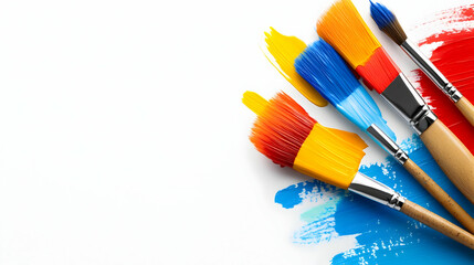 Fototapeta premium Vibrant paint brushes with colorful bristles resting on a white background, perfect for artistic inspiration.
