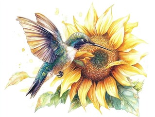 A vibrant hummingbird hovering near a sunflower, showcasing nature's beauty. © DZIKRA 