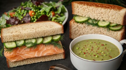 A healthy meal featuring salmon sandwiches, soup, and a fresh salad.