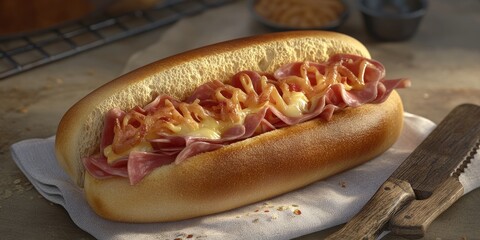 A delicious hot dog filled with ham, cheese, and a drizzle of sauce on a soft bun.