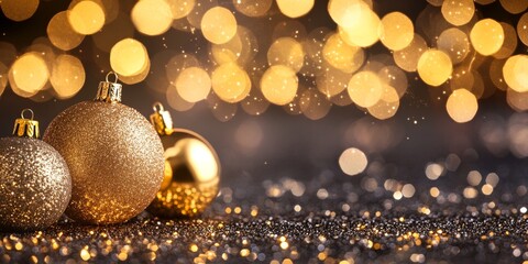 Sparkling gold Christmas ornaments on glitter.