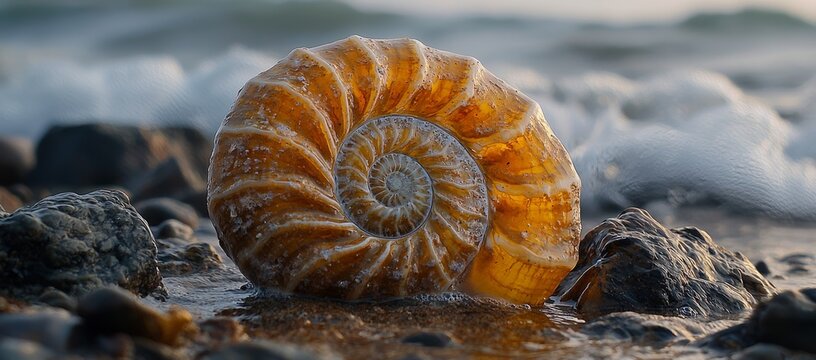 Ammonite fossil on a rocky beach, washed by ocean waves.