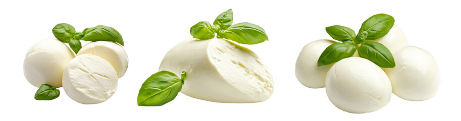 Set of mozzarella cheese balls with basil leaves isolated on white background. Concept of fresh dairy products and Italian cuisine