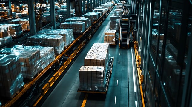 High-angle view of automated guided vehicles transporting goods in a warehouse.