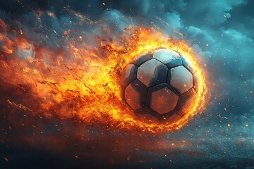 Fototapeta premium Dramatic Soccer Ball in Action, Surrounded by Fire and Color