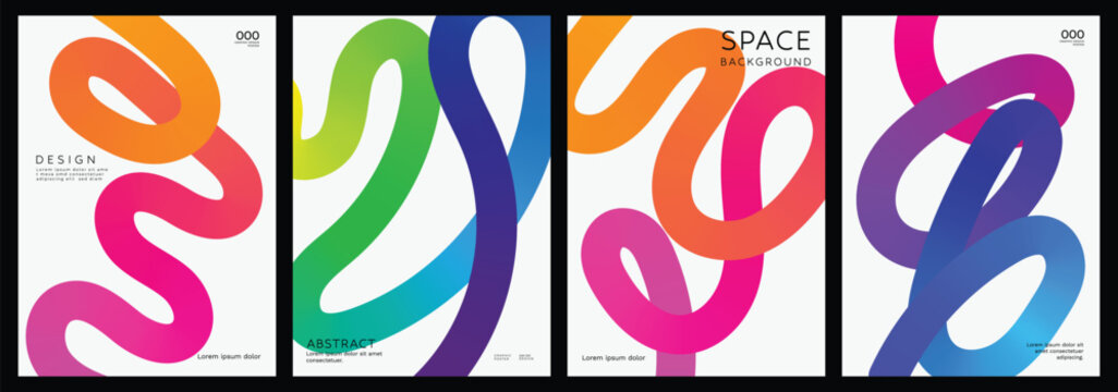 Abstract gradient line card template design vector set. Creative concept modern art design with dynamic colorful line shapes with overlay effect. Illustration for celebration, branding, ads. 