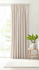Beige curtains hanging in bright living room, plants on side table, window view, home decor.