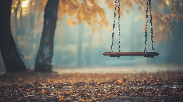 serene empty swing set in autumn park surrounded by fallen leaves