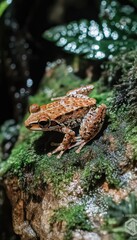 Obraz premium A vibrant orange frog perched on mossy wood in a lush, green environment.