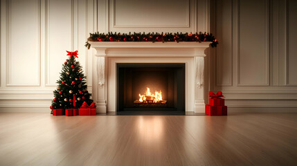Cozy Christmas scene featuring a decorated tree, a warm fireplace, and festive gifts, creating a welcoming atmosphere.