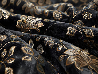 Ornate black fabric with golden floral patterns