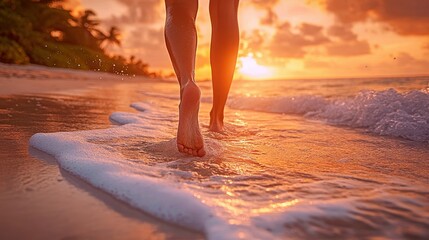 Barefoot wanderer enjoying a serene sunset stroll along a tranquil beach