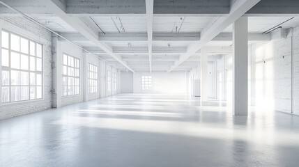 Bright, spacious white loft interior with large windows and exposed beams.
