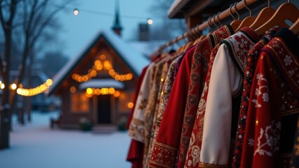 Naklejka premium Maslenitsa costumes, Maslenitsa costumes on racks village evening glow silk and beads
