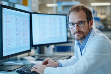 A focused researcher in a lab coat analyzes data on dual computer screens, embodying professionalism and scientific inquiry.