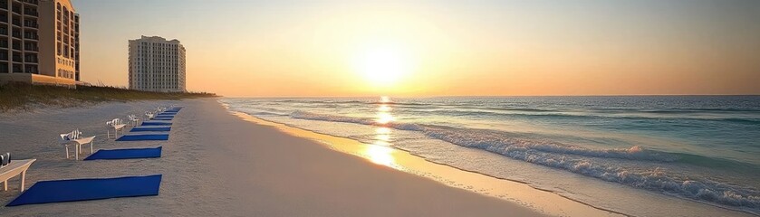 Obraz premium A serene beach at sunset with lounge chairs and gentle waves.