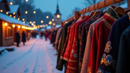 Naklejka premium Maslenitsa costumes, Maslenitsa costumes on racks village evening glow silk and beads