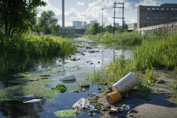A polluted waterway filled with trash and overgrown vegetation.