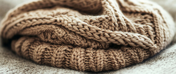 Close-up of a folded, beige knitted sweater.